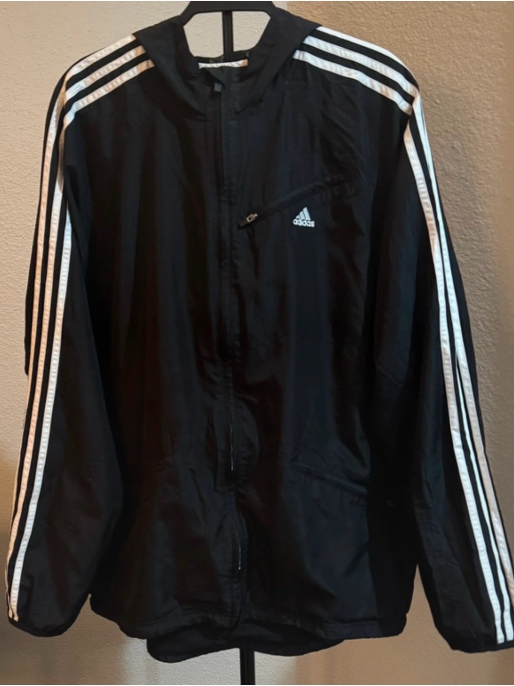 adidas Black Windbreaker Jacket with White Stripe Accents